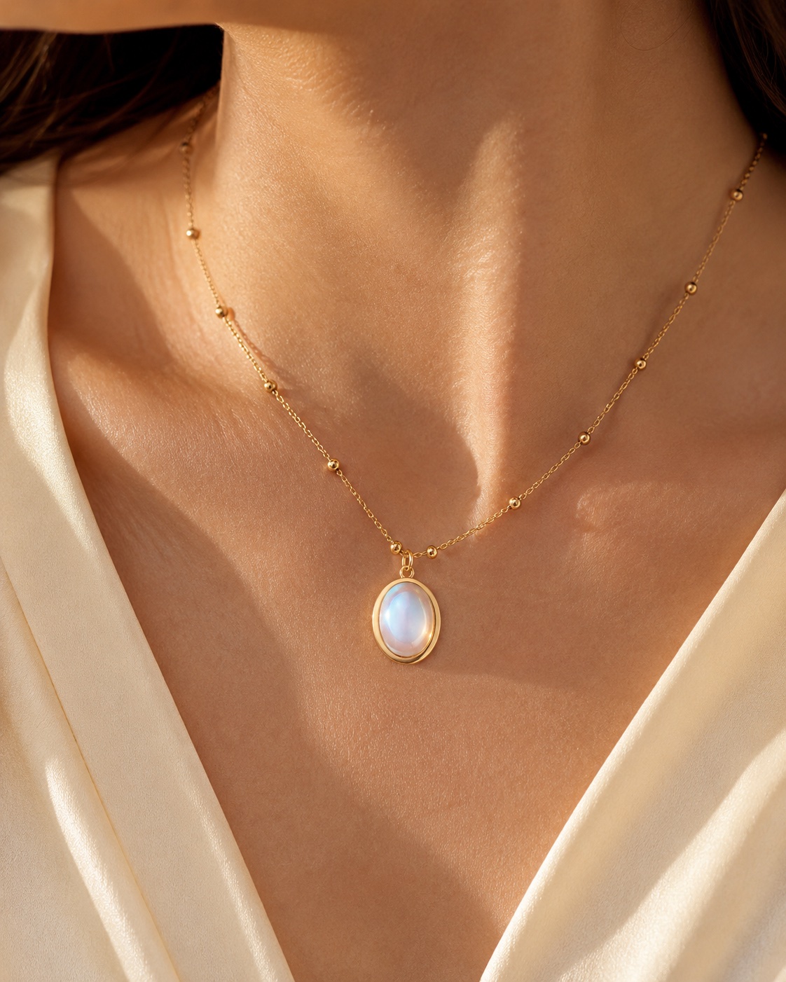 Moonstone necklace on cream silk neckline